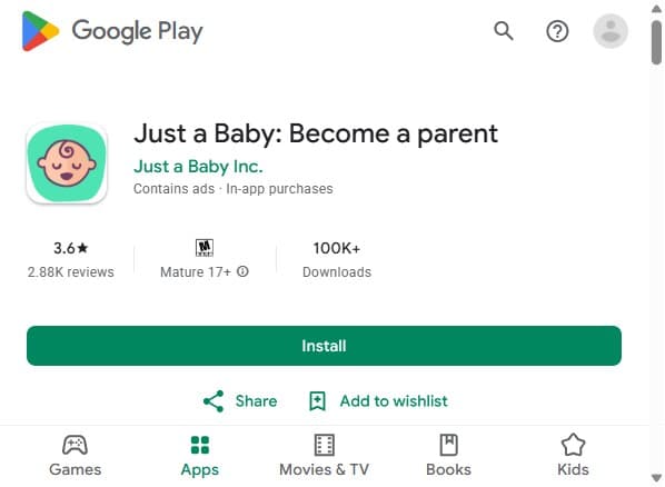 App-Store-Eintrag von Just a Baby, einer weltweiten App fürs Familiengründen mit Swipe-Prinzip