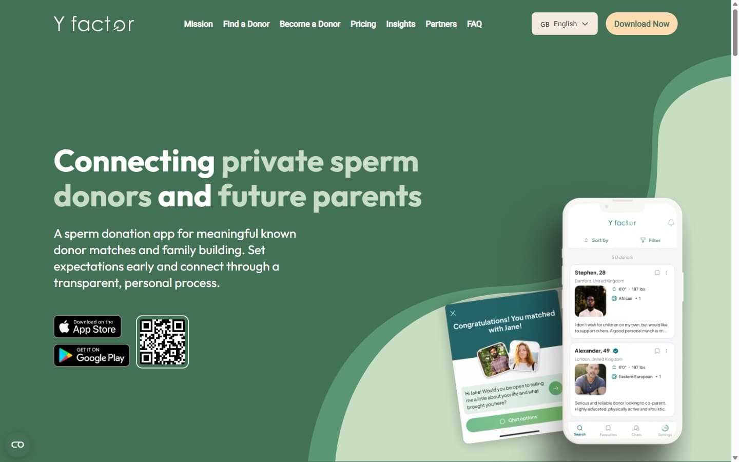 Startseite von yfactor.app mit dem Slogan „Connecting private sperm donors and future parents“ und einer Vorschau der App