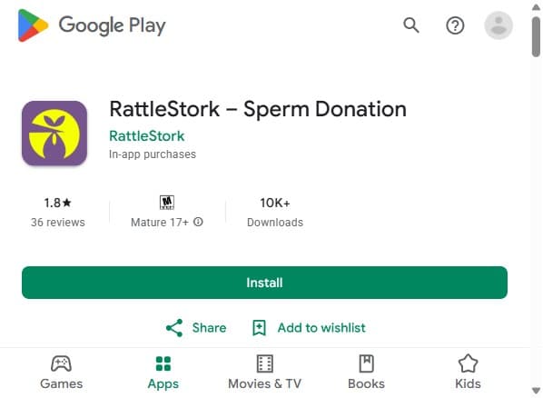 App-Store-Eintrag von RattleStork mit der Beschreibung als weltweit nutzbare Samenspende-App