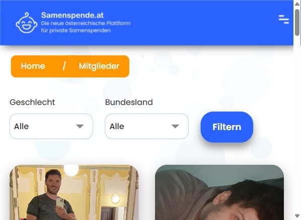 Startseite von samenspende.at mit der Überschrift „Samenspende Österreich Mitglieder“ und der nach Bundesland sortierten Mitgliederliste